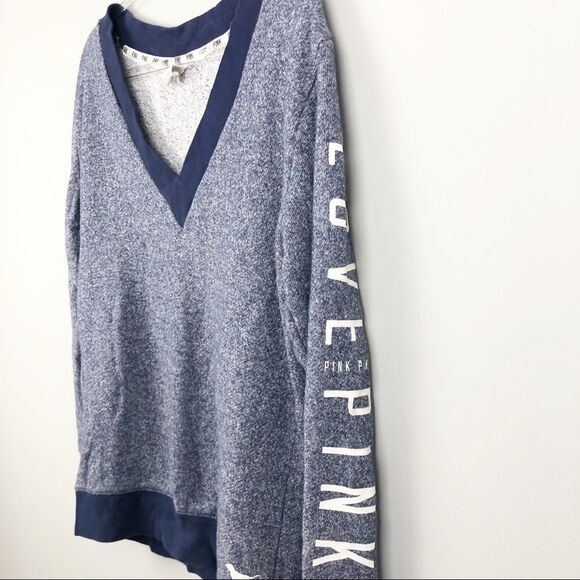 VICTORIA’S SECRET PINK | V-Neck Ringer Long Sweatshirt Blue Women’s Size Small - Picture 2 of 7